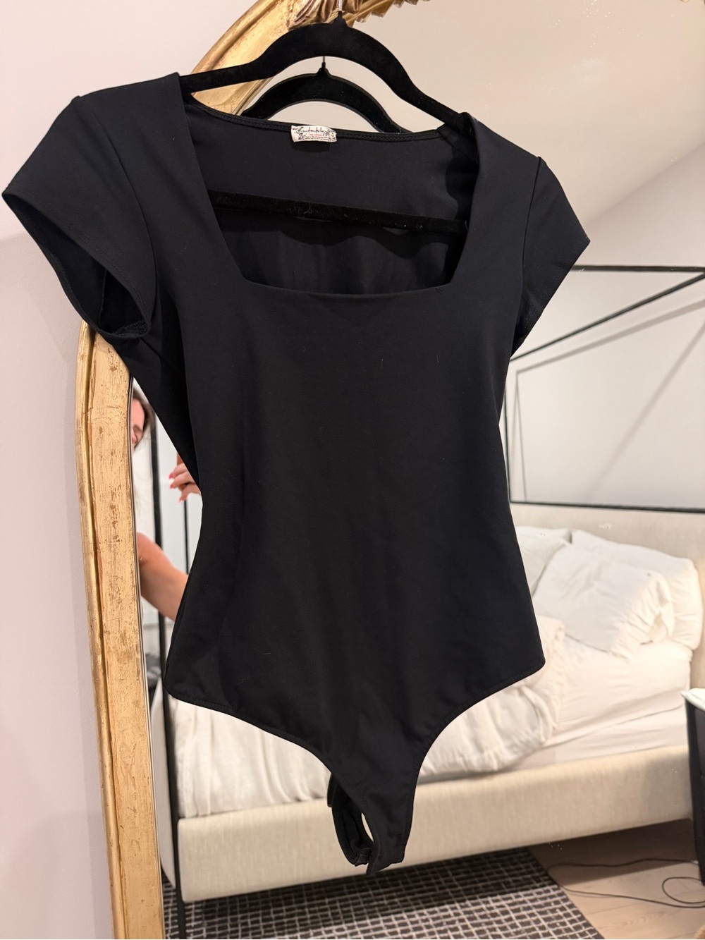 Free People Black Square-Neck Short Sleeve Bodysuit